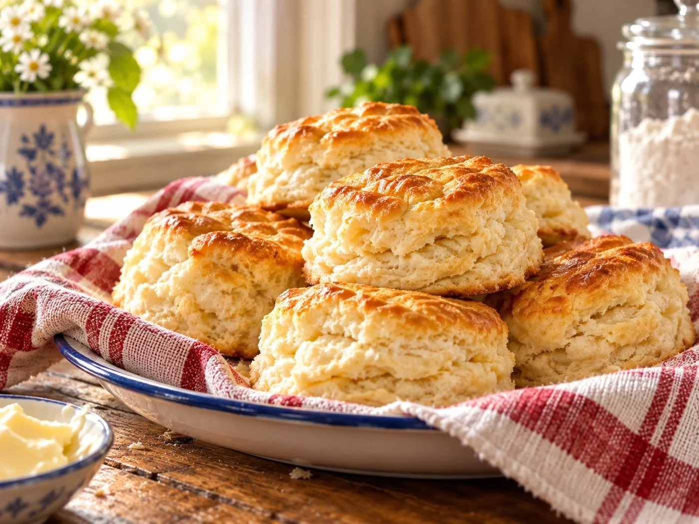 Fresh Southern buttermilk biscuits on a kitchen table