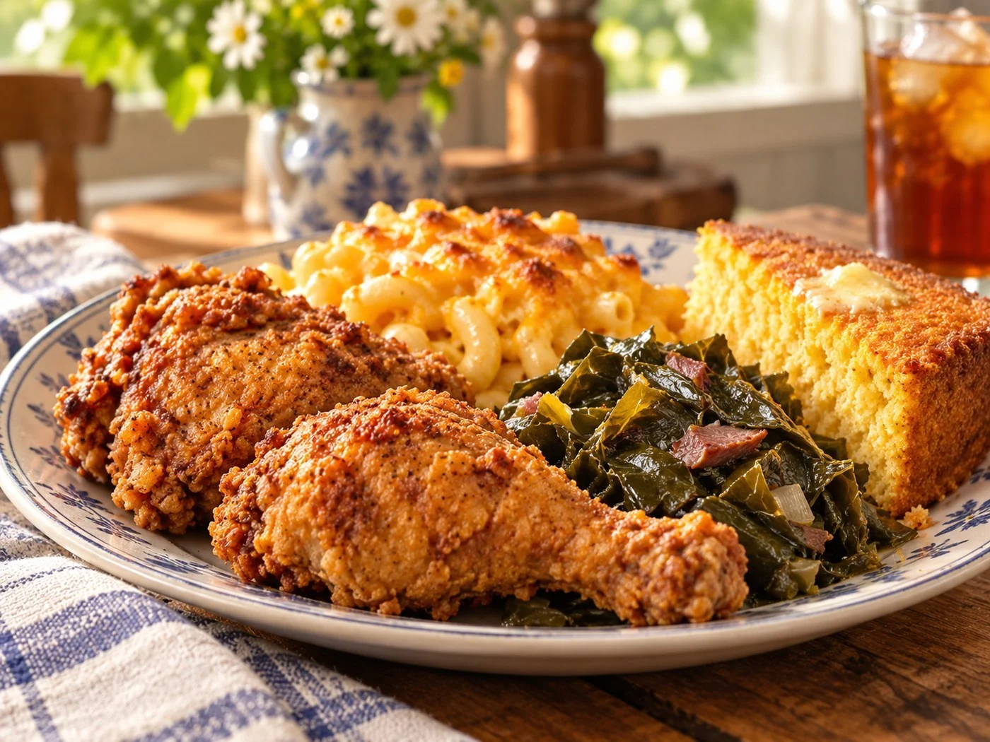 Fried chicken, macaroni and cheese, greens and cornbread