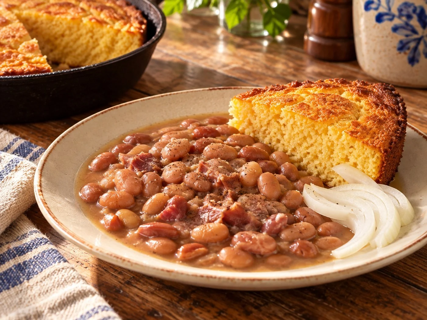Soup beans with cornbread and raw onion