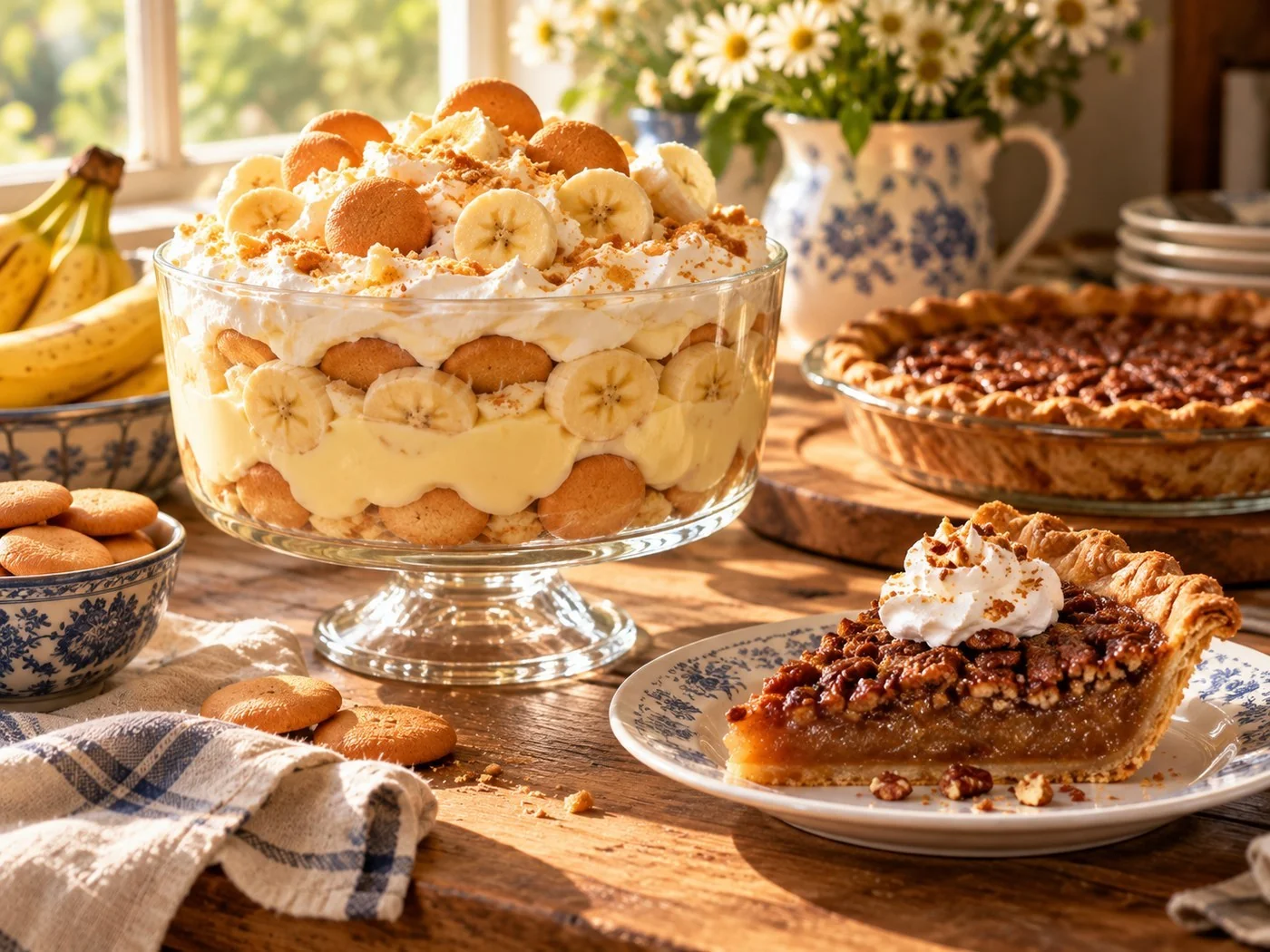 Banana pudding and Southern pies on a kitchen table